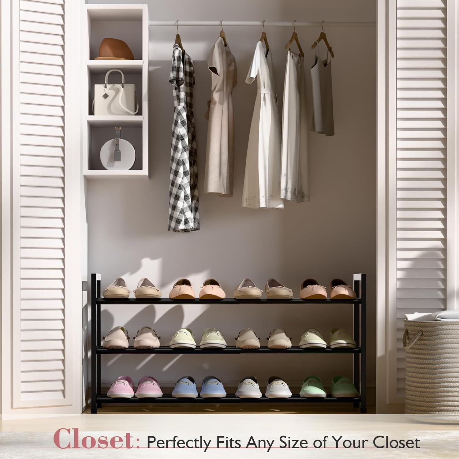 Bumusty 3-Tier Expandable Shoe Rack - Adjustable 18"-33" Organizer for Small Spaces, Sturdy Metal, Black