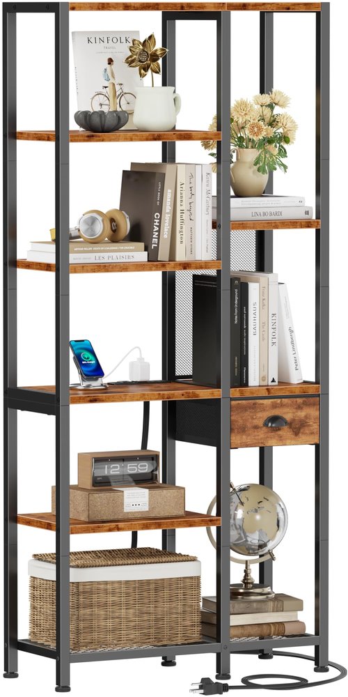 Furologee 6 Tier Bookshelf with USB Ports and Power Outlet, Double Tall Book Shelf with Drawer, Wide FreeStanding Shelf Units, Reversible Storage Rack for Bedroom, Living Room, Bathroom, Rustic Brown