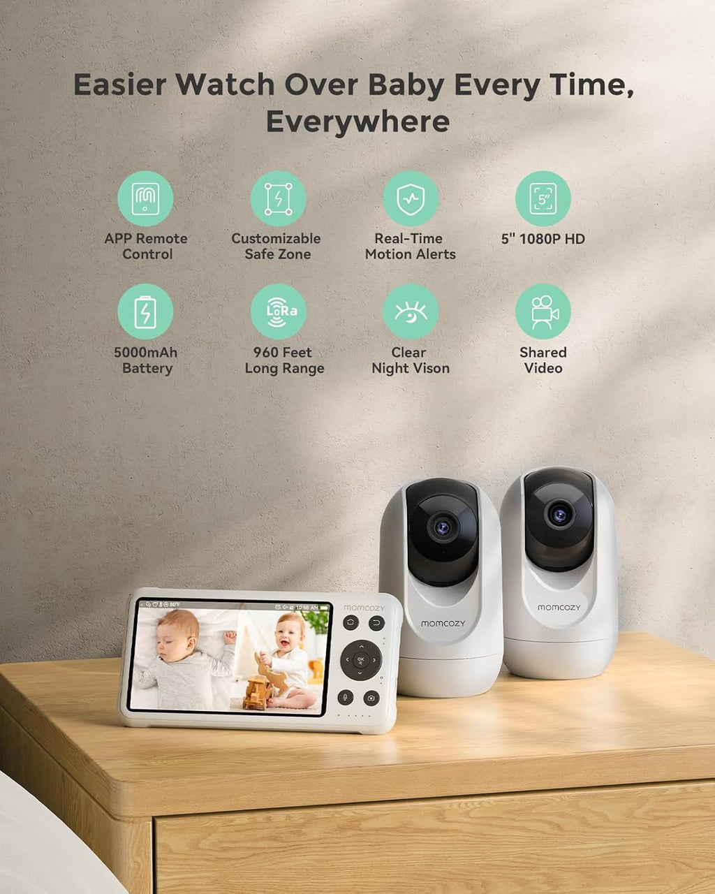 Momcozy BM04 Smart WiFi Baby Monitor - 2 Cameras, 5" 1080P Split Screen, Night Vision & 2-Way Audio