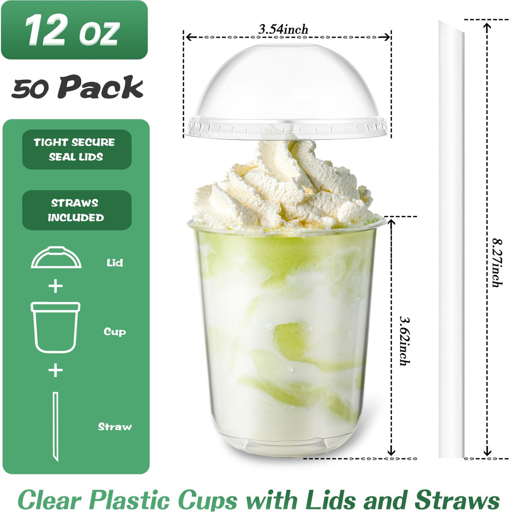Ziliny 50 Set Clear Plastic Cups with Dome Lids and Straws Sturdy & Food Safe Disposable U Shaped Cups for Cold Drinks Smoothie Milkshake Bubble Tea Juice Cocktail Iced Coffee Party (12 oz)