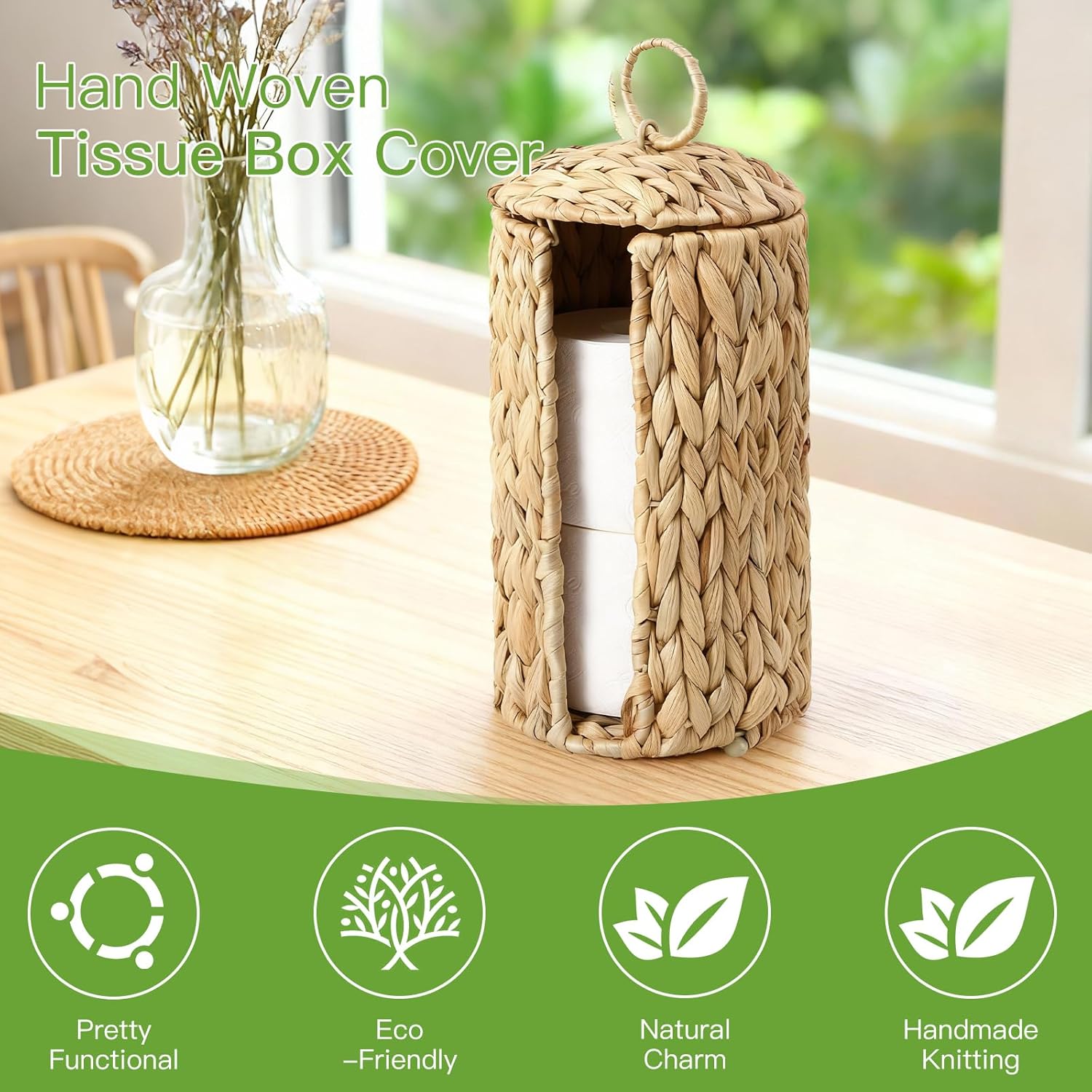 Skiennix Wicker Waste Basket - Handwoven Water Hyacinth Trash Can with Lid | Rustic Decorative 2.5 Gal for Home