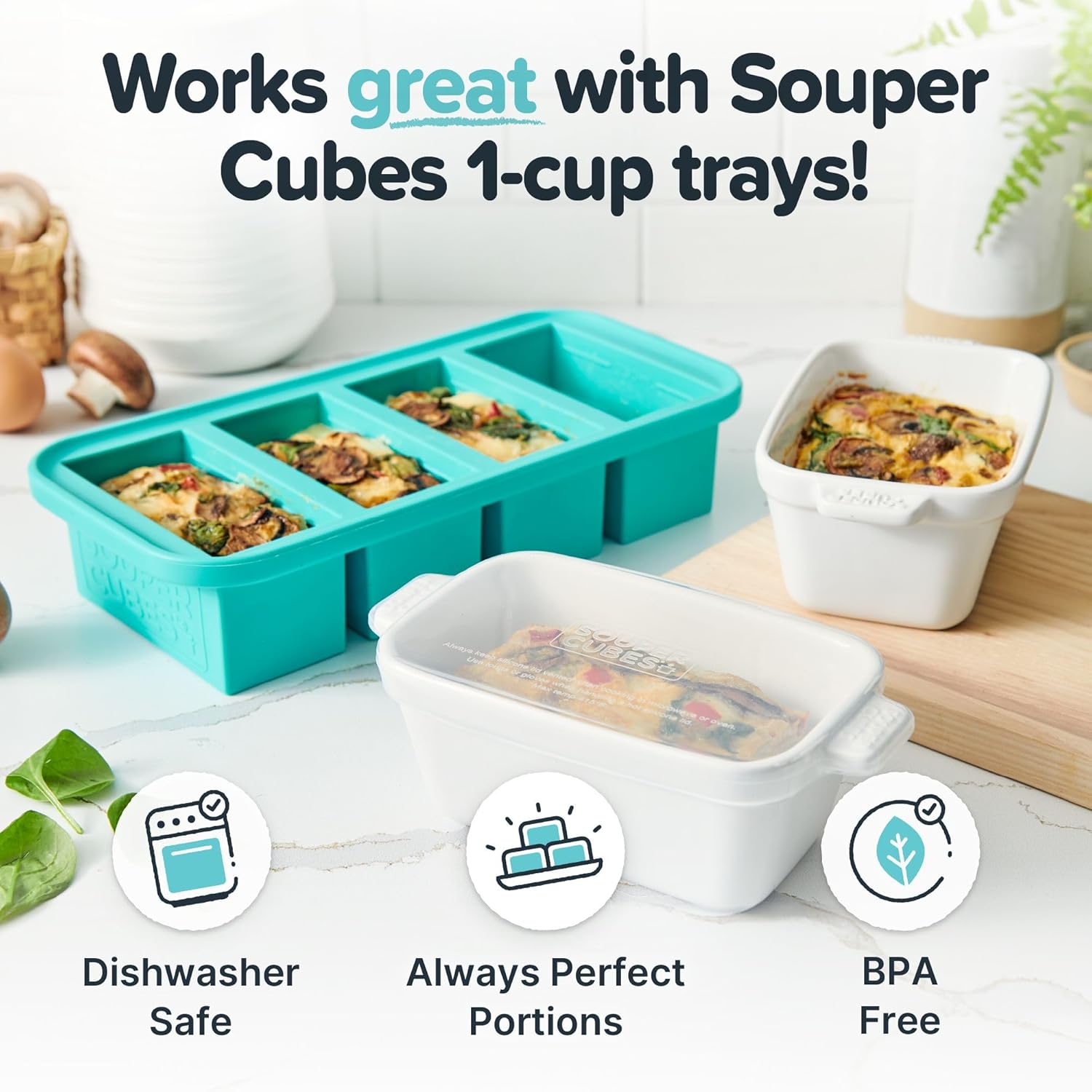 Souper Cubes Stoneware - Small Ceramic Baking Dish Set of 4 | 5" x 3" with Silicone Covers - White