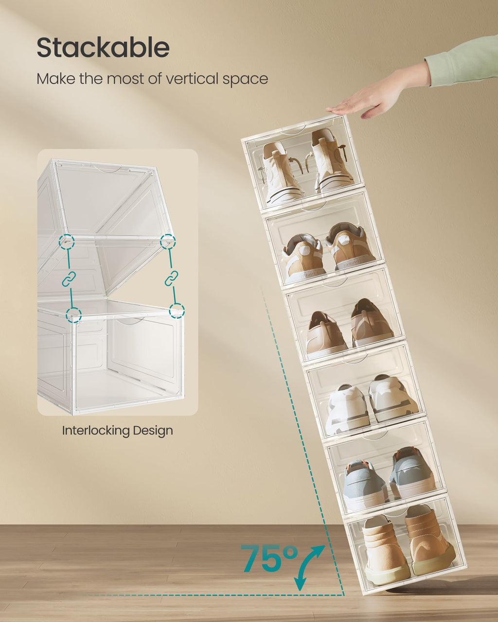 SONGMICS Shoe Boxes, Set of 6, Clear Plastic Shoe Storage, Stackable Sneaker Box, Drop Front Door, Up to US Size 11, Easy Assembly, 13 x 9.8 x 7.1 Inches, Transparent White ULSP032W06