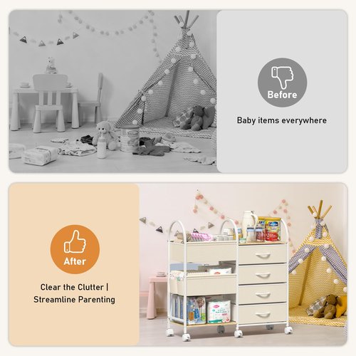 ONWAYHOME Baby Organizer and Storage Cart, 4-Tier Rolling Utility Cart with Wheels, Dividers and Drawers, Easy to Assemble for Nursery, Bedroom & Changing Table, White