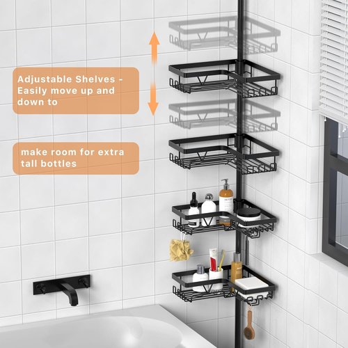 KEGII Corner Shower Caddy Tension Pole - Waterproof Floor-to-Ceiling Organizer | Adjustable 25-114.2 Inch, Black