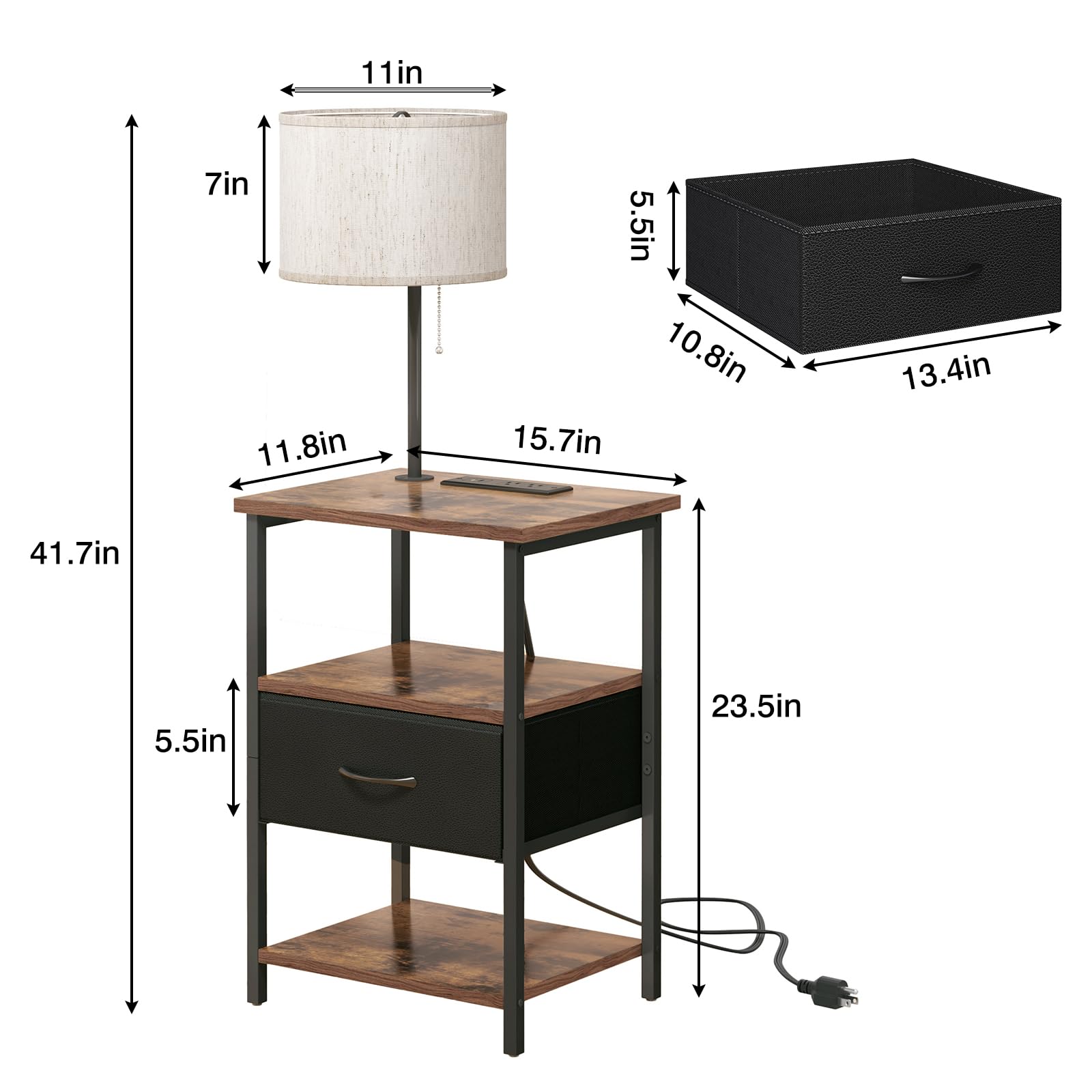 Fixwal Nightstand with Lights Bedside Table with 3 Color Temperatures Bulb, Night Stand with Charging Station End Table with Adjustable Fabric Drawer for Bedroom Dorm