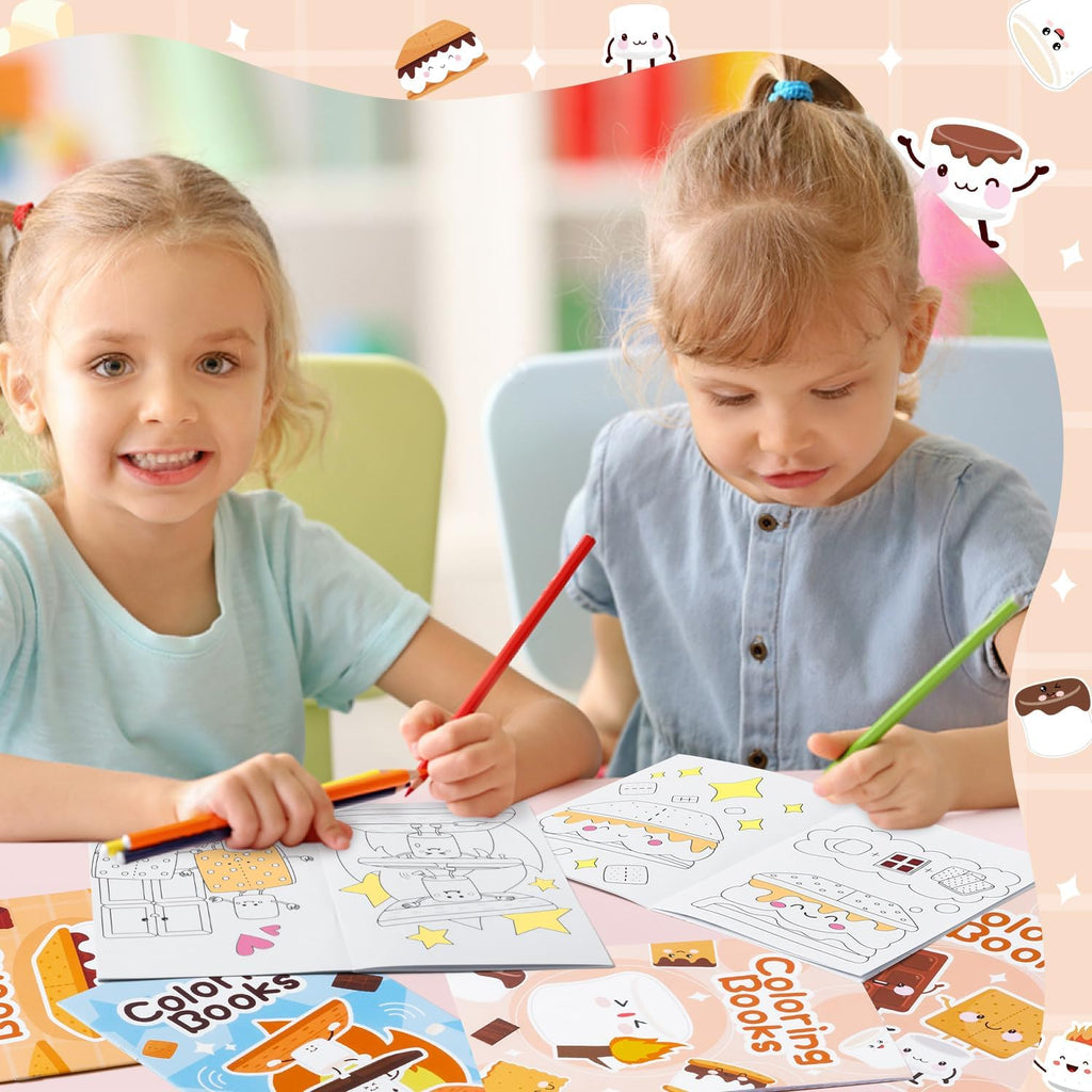Marshmallow Mini Coloring Books - 24Pcs Campfire-Themed Art Set for Kids' Birthday Party Favors
