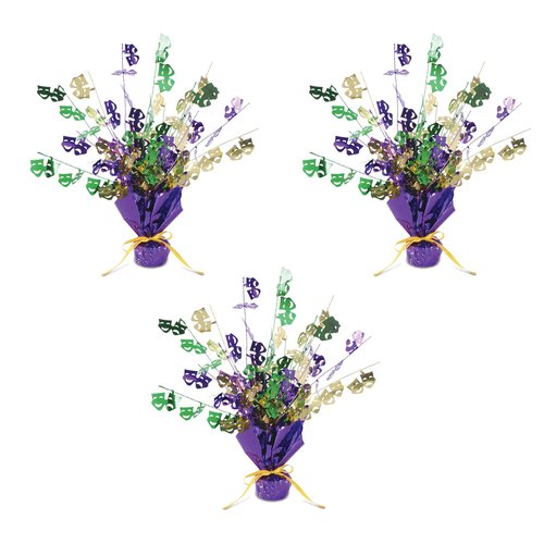 Beistle Mardi Gras Gleam 'N Burst Centerpieces, 3-Piece Metallic Table Decorations in Green, Purple, and Gold with Comedy Tragedy Icons for New Orleans Parties and Celebrations, 15”