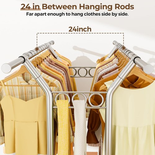 HYSEYY Heavy Duty Clothes Rack - Portable Rolling Double Rod Garment Rack with Shelves | 620 LBS Capacity