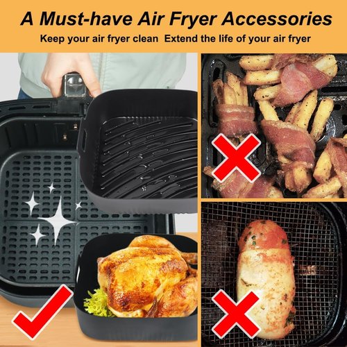 BYKITCHEN 9-Inch Square Silicone Air Fryer Liners - Set of 2, Reusable Tray Inserts for 6 to 8QT Air Fryers