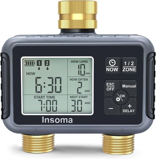 Insoma Water Timer - Brass Inlet & Outlet | 2-Zone Outdoor Hose Timer with Auto/Manual/Rain Delay for Garden