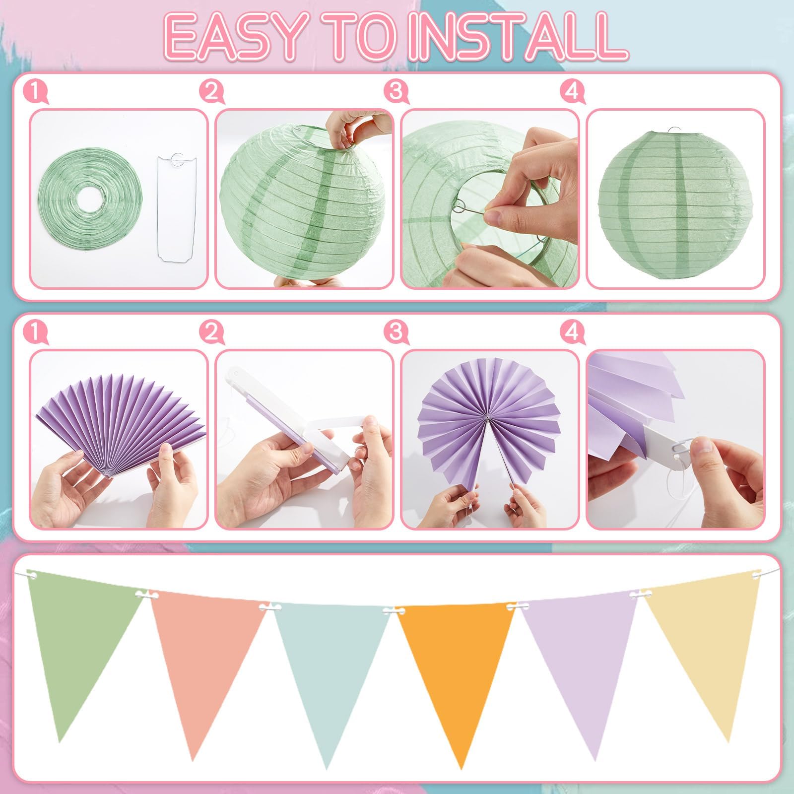 21Pcs Pastel Classroom Decor Colorful Pastel Hanging Paper Lanterns Paper Fans Triangle Flags Banners Set Round Lantern for Back to School Ceiling Supplies Home Indoor Birthday Party Ceremonial Event