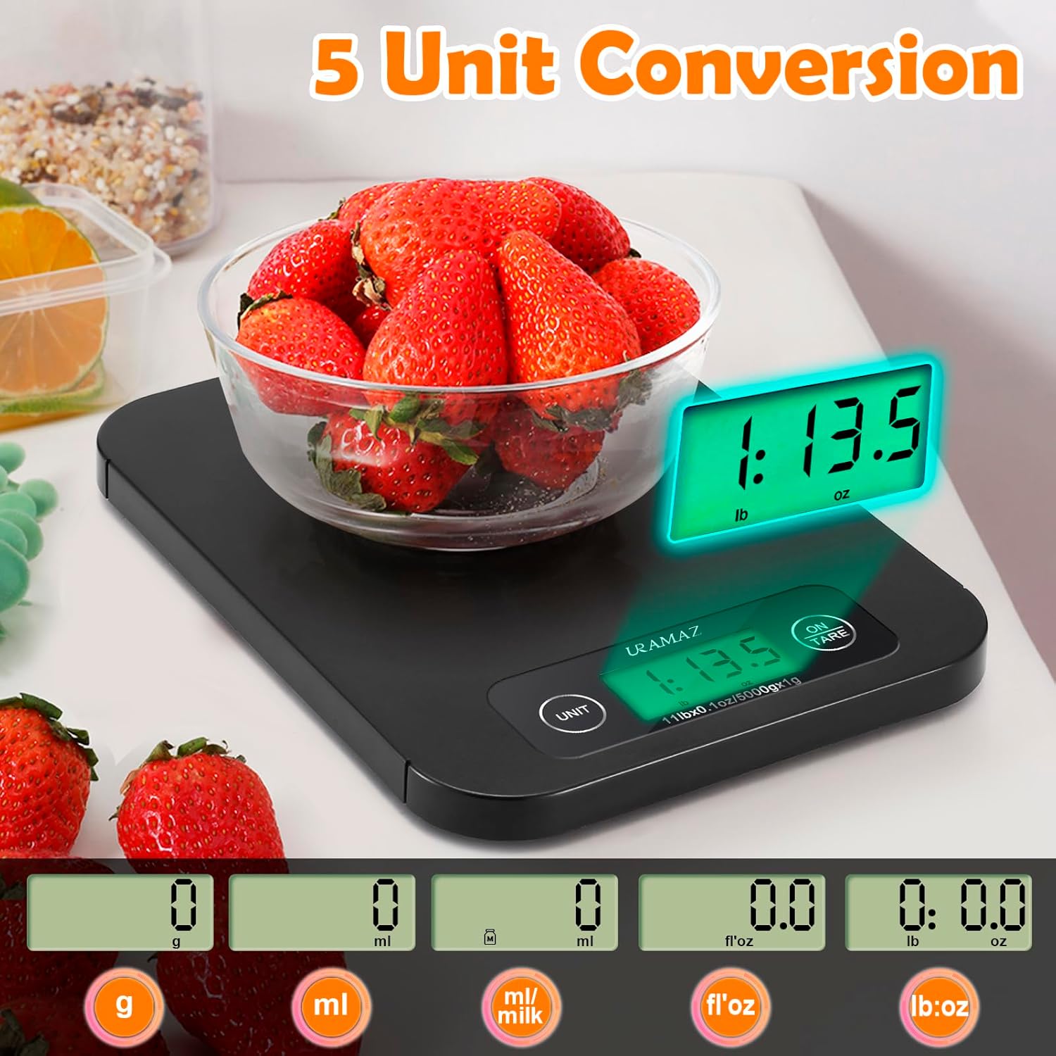 URAMAZ Digital Food Scale - Nutritional Calculator for Weight Loss | Tracks 20 Nutrients, 11lb Capacity
