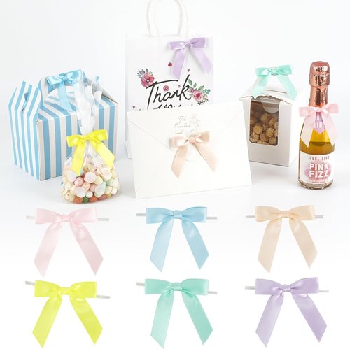 AIMUDI Satin Twist Tie Bows - 2.5" Pastel Gift Wrapping Bows for Crafts & Parties | 60 Pack