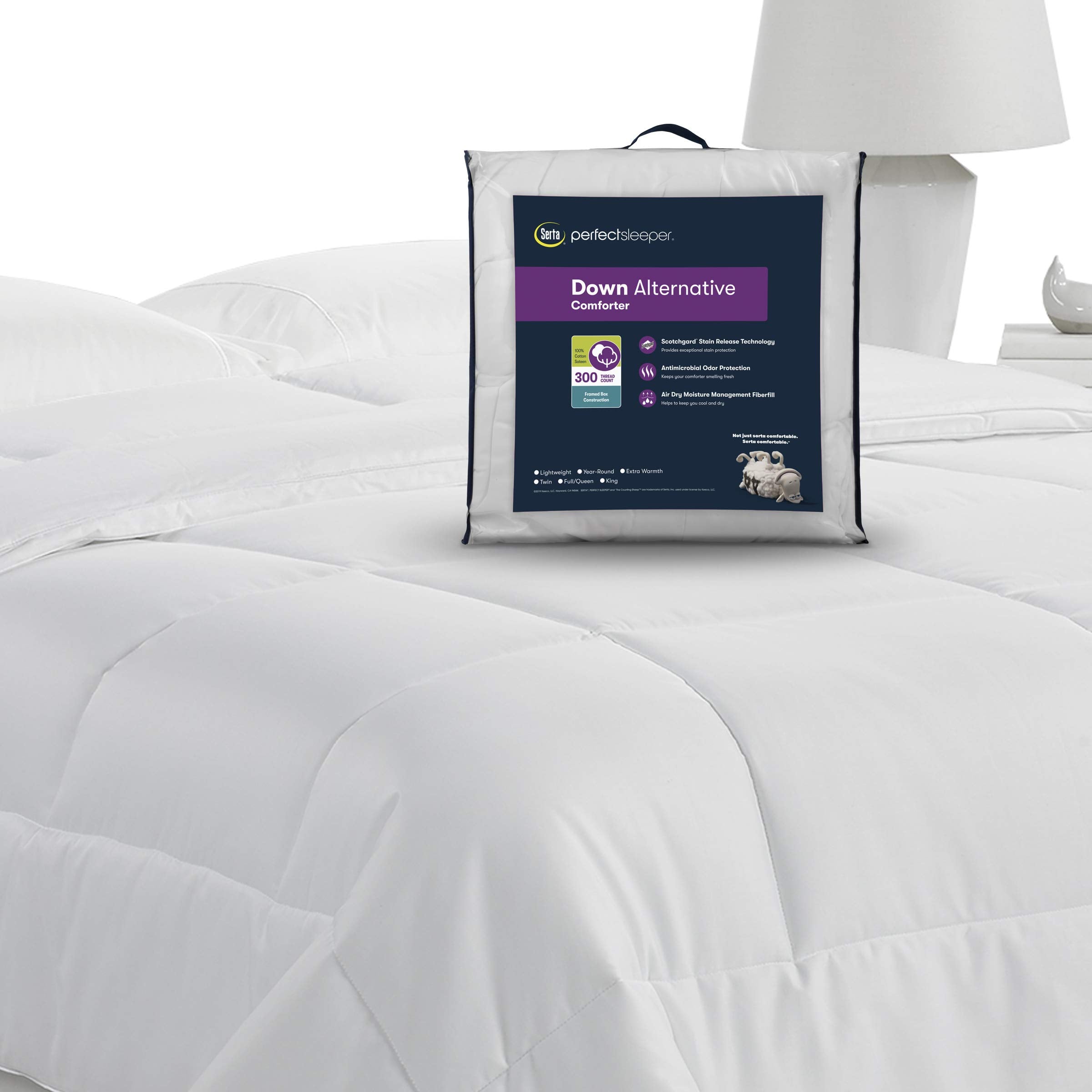 Serta Extra Warmth Down Alternative Box Stitched Comforter Air Dry Fiberfill, King, White
