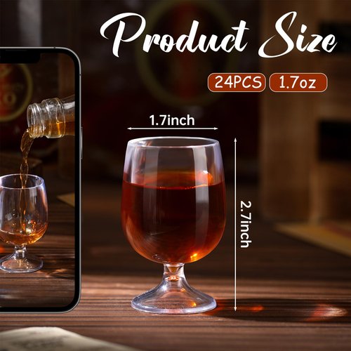 Roshtia 24 Pcs Mini Shot Glasses 1.75 oz Small Brandy Snifters Clear Reusable Plastic Cute Cognac Glasses Port Glasses Cup for Tasting Whiskey Brandy Wine Beer Drinking