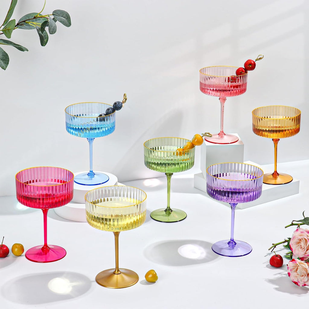 Skiennix 12 PCS Pink Ribbed Coupe Glasses - 10oz Vintage Cocktail Glassware with Gold Rim for Parties