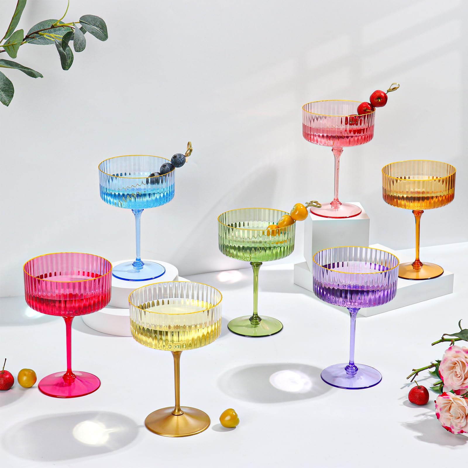 HKSZEH 12 PCS Ribbed Coupe Glasses Pink Plastic Champagne Coupe Cup 10oz Detachable Gold Rim Espresso Martini Glass Vintage Margarita Glassware Cocktail Glass for Wedding Bachelorette Party
