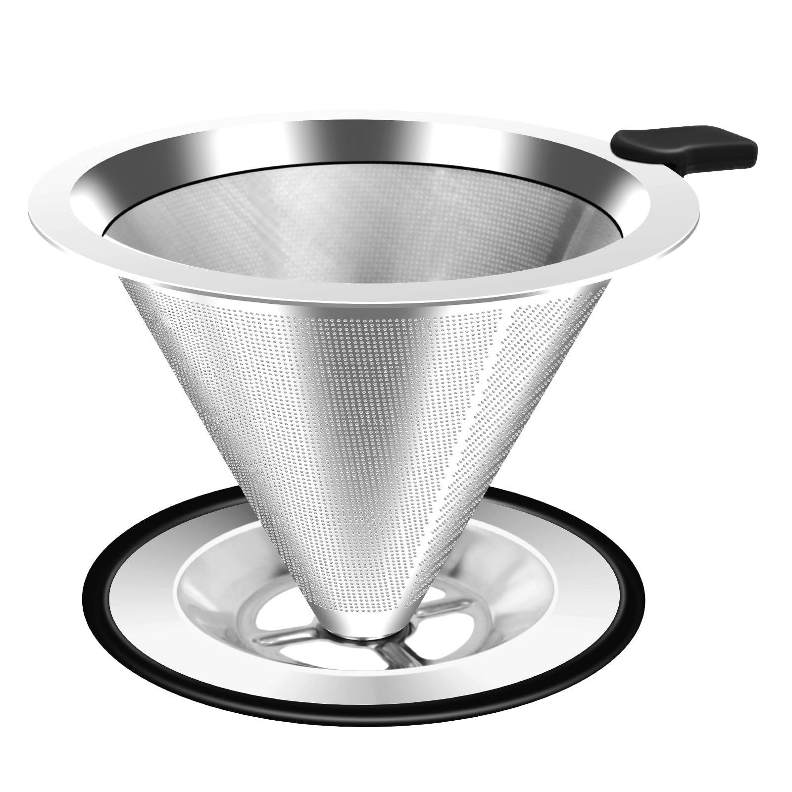 Pour Over Coffee Dripper, Stainless Steel Coffee Filter, Paperless Reusable Coffee Filter, Double Micromesh 600 Mesh Strainer Coffee Maker with Heat-Resistant Silicone Handle & Base