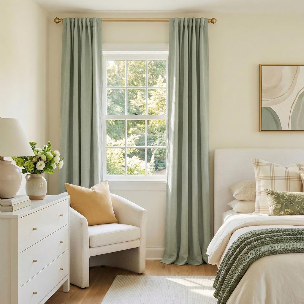 Skiennix 100% Blackout Curtains - Thermal Insulated Linen Drapes, 50" W x 90" L, Sage Green - 2 Panels Set