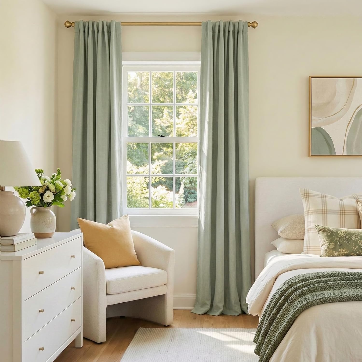 Skiennix 100% Blackout Linen Curtains - Thermal Insulated Drapes for Bedroom | 90" Long, Sage Green, 2 Panels Set