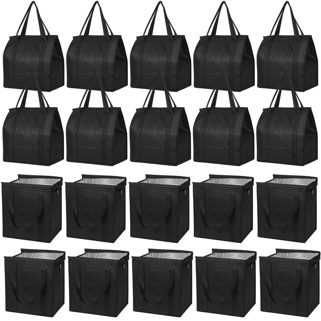 VZZNN 20 Pack Insulated Grocery Bags Bulk, Reusable Shopping Bags with Sturdy Zipper & Handles, Large Foldable Washable Thermal Cooler Totes for Hot Cold Food Transport, Travel & Lunch(Black)