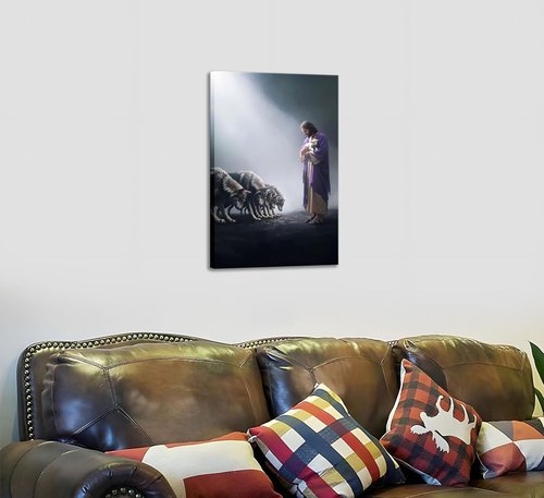 Jesus and Lamb Canvas Wall Art - Shepherd Protects Lamb | Inspirational Christian Decor for Home