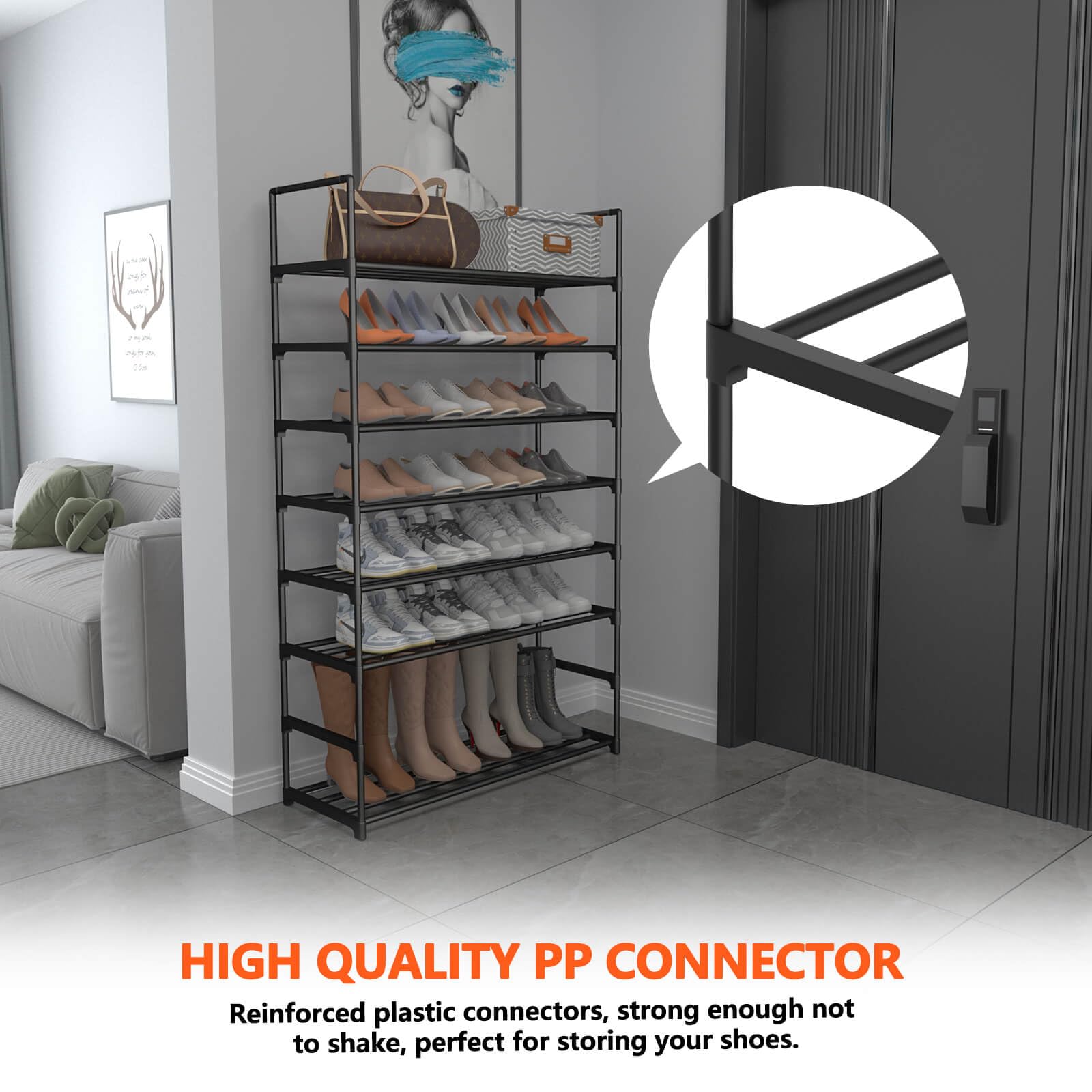 Hsscblet 8 Tiers Metal Shoe Rack,Adjustable Shoe Shelf Storage Organizer with Hooks,Stackable Boot & Shoe Storage,for Entryway,Hallway,Closet,Black