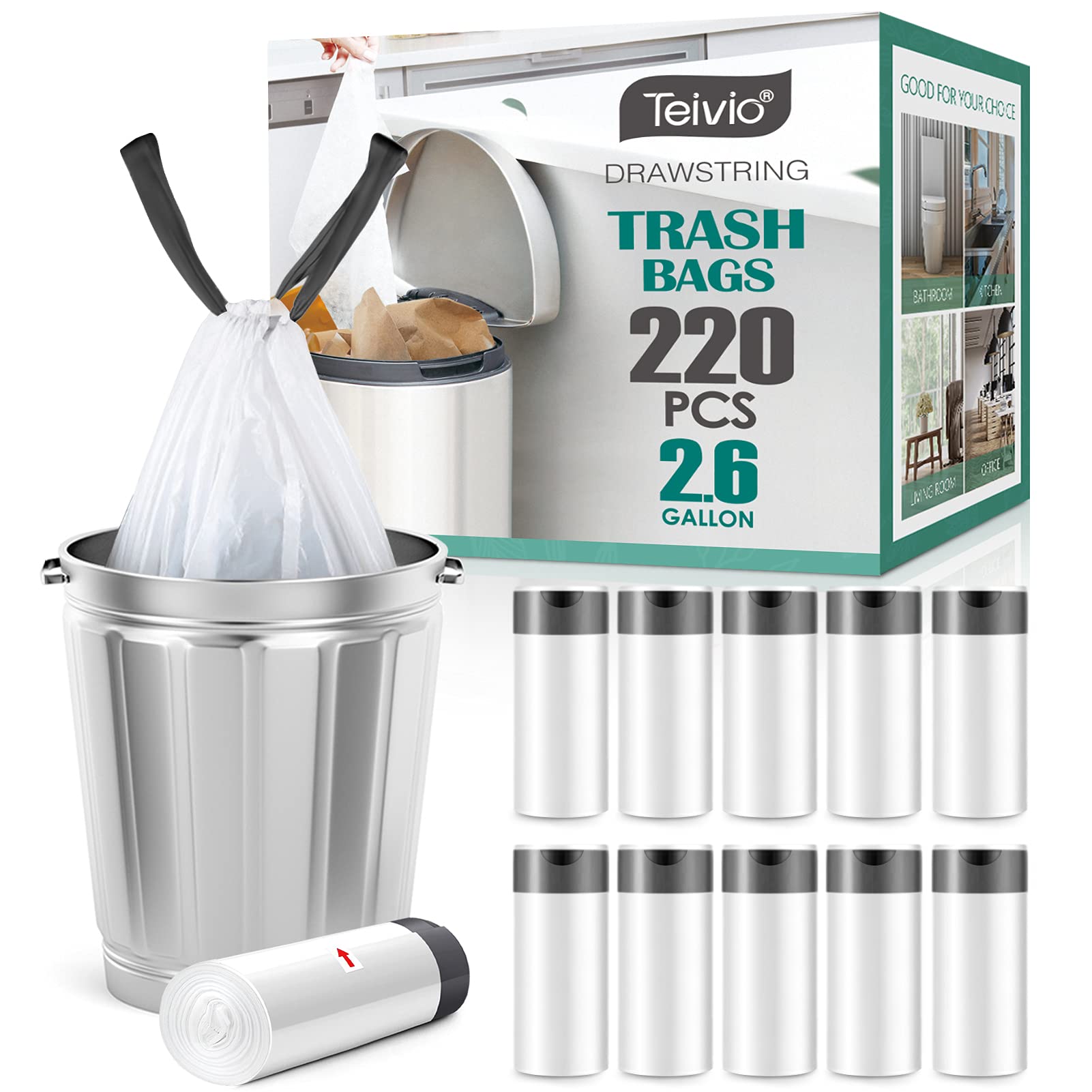 2.6 Gallon 220 Counts Strong Drawstring Trash Bags Garbage Bags by Teivio, Bathroom Bin Liners, 2,2.5,3 Gal Small Plastic Bags for home office kitchen, fit Code R 10 Liter Trash Can
