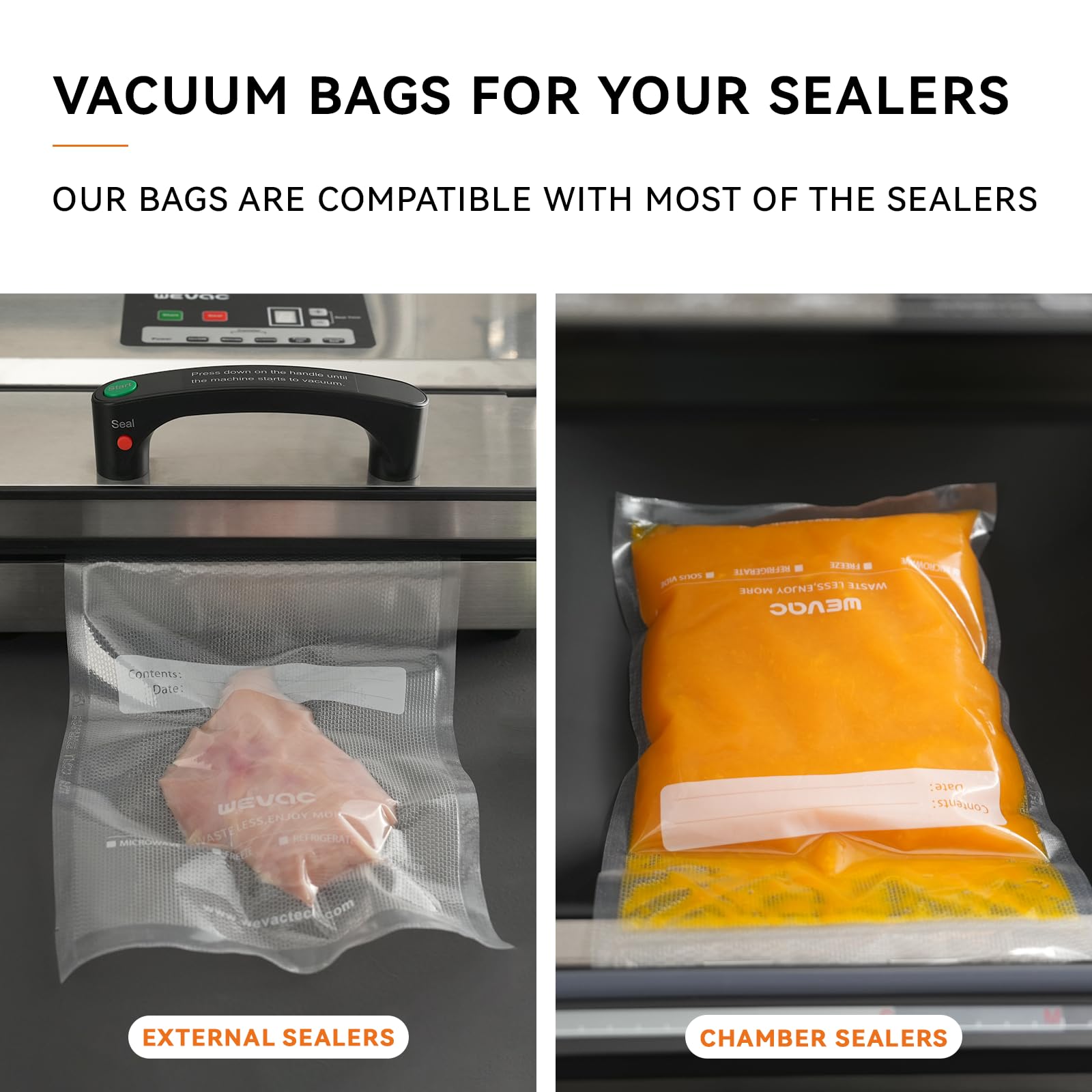 Wevac 11" x 16" Precut Vacuum Sealer Bags, 100 Count, Includes 5 Liquid Block Bags & 5 Bone Guard Pieces, Heavy Duty for Food Storage, Sous Vide & Meal Prep