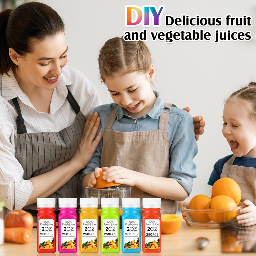Sliner 250 Pcs 2oz Small Plastic Juice Bottles Ginger Juice Bottle with Lids Liquid Vial Reusable Clear Beverage Container with Lid, Freezer Safe, Leak Proof for Milk, Water