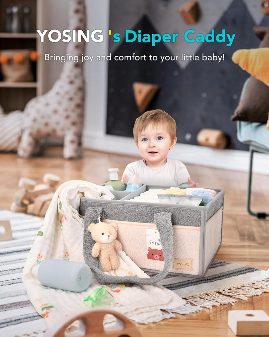 YOSING Diaper Caddy Organizer - Versatile Nursery Storage & Car Travel Solution | Gray & White