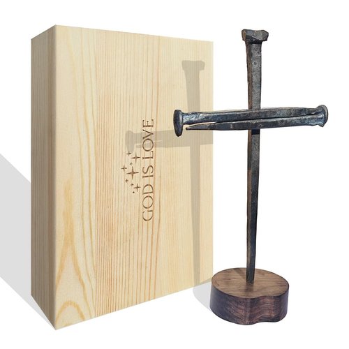 annrose Passion of Jesus Christ Crucifixion Nail Metal Cross,Jesus Christ Tabletop Crucifix,Ordination Gifts,Religious Gifts for Men Women (Solid Wood Base)