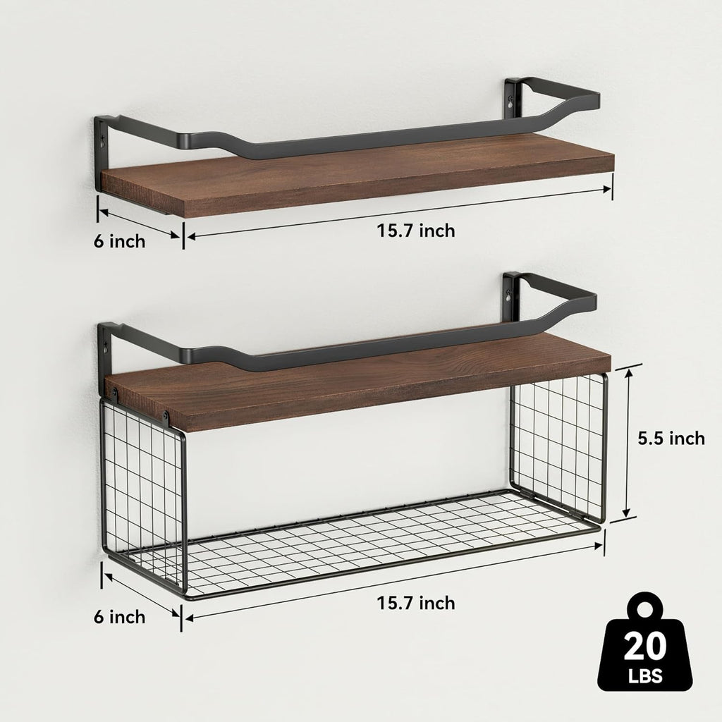 WOPITUES Floating Shelves - Stylish Wood Wall Storage with Metal Guardrail | Dark Brown, Ideal for Bathroom & Living Room