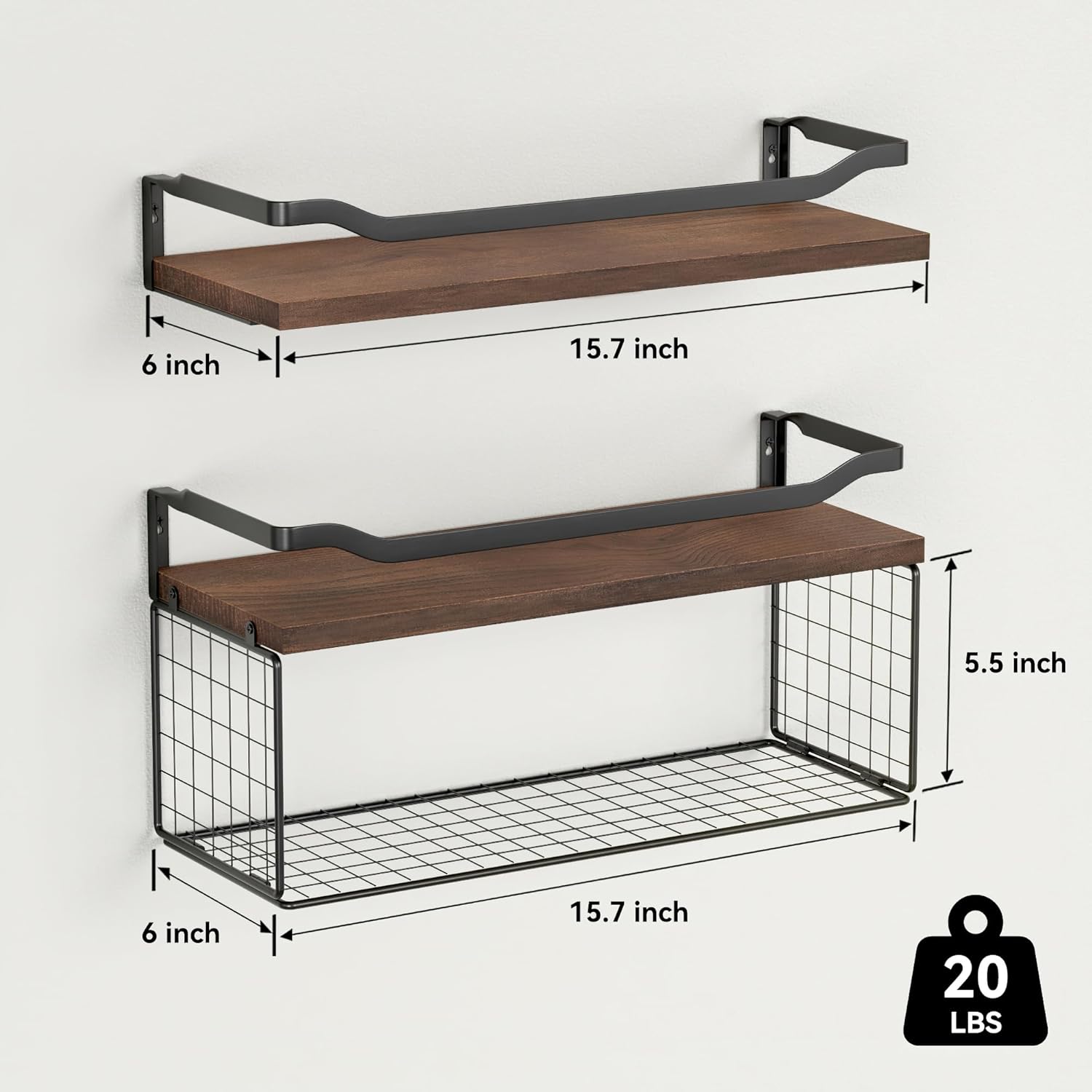 WOPITUES Floating Shelves - Stylish Wood Wall Storage with Metal Guardrail | Dark Brown, Ideal for Bathroom & Living Room