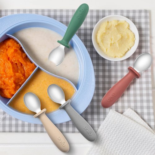 DRKIO 8 PCS Toddler Spoons Set - Baby Spoons with Silicone Handle Children safe 18/8 Stainless Steel Toddler Utensils Set for Self Feeding Kids Silverware Anti-Choke Design Food Grade Dishwasher Safe