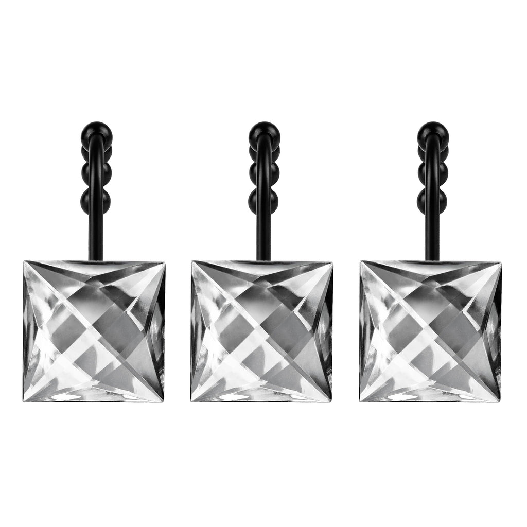 Sunlit Luxury Design Square Clear Diamond Crystal Gem Bling with Glide Balls Shower Curtain Hooks, Rust Proof Metal Rhinestones Glam Shower Curtain Rings with Black Hooks, Set of 12