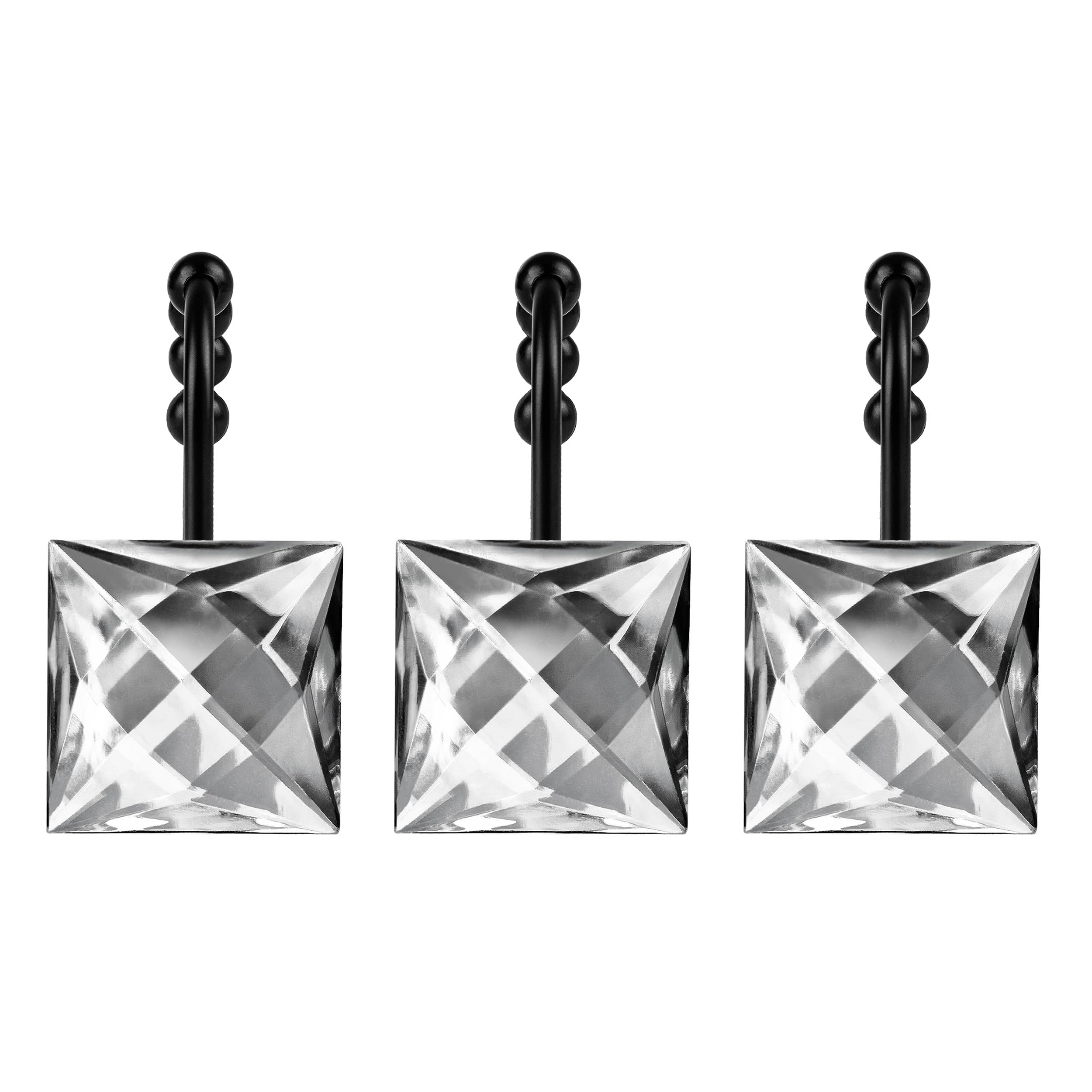 Sunlit Luxury Design Square Clear Diamond Crystal Gem Bling with Glide Balls Shower Curtain Hooks, Rust Proof Metal Rhinestones Glam Shower Curtain Rings with Black Hooks, Set of 12