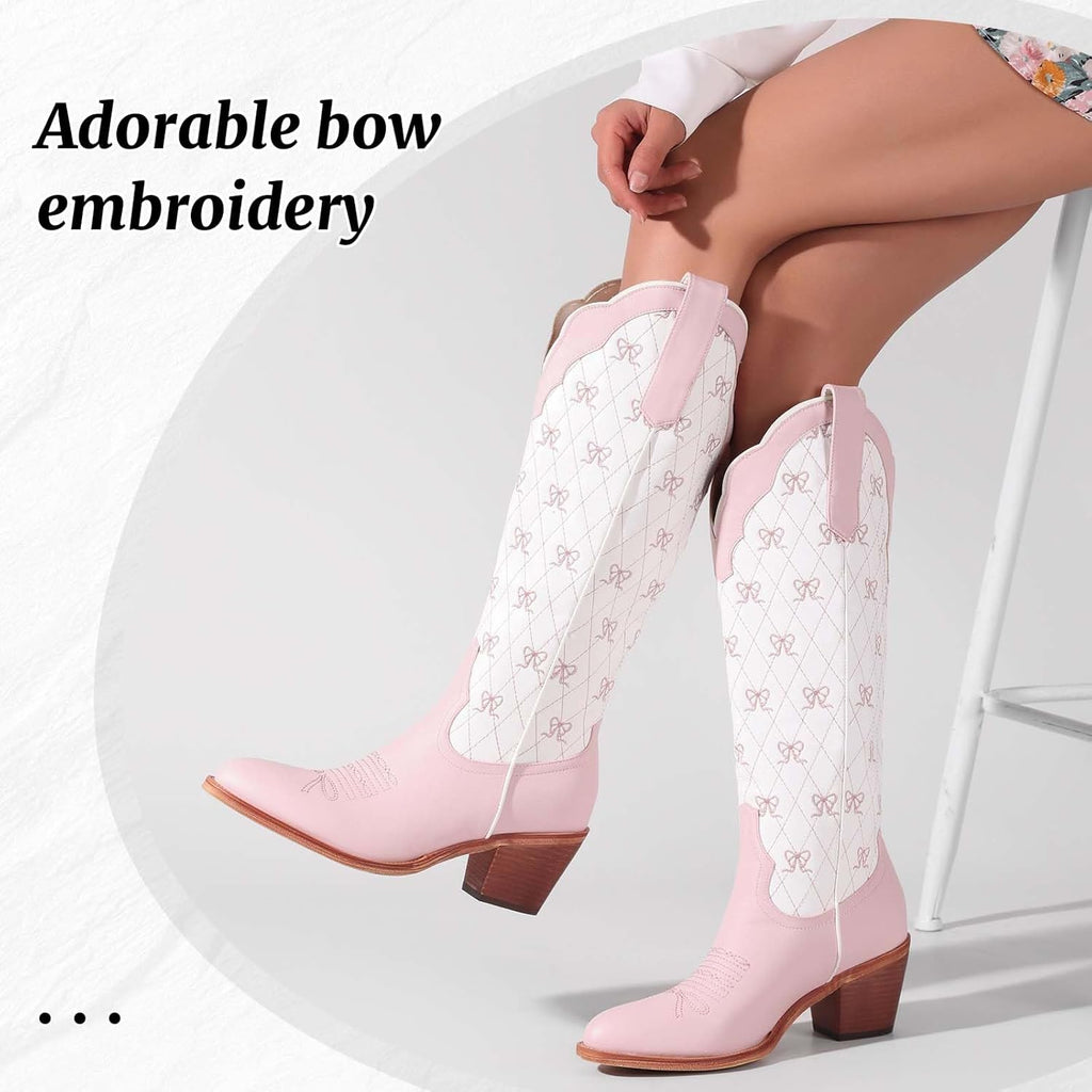 Skiennix Cowboy Boots - Embroidered Knee High Cowgirl Boots with Chunky Heel & Pearl Accent | Dressy Party Style