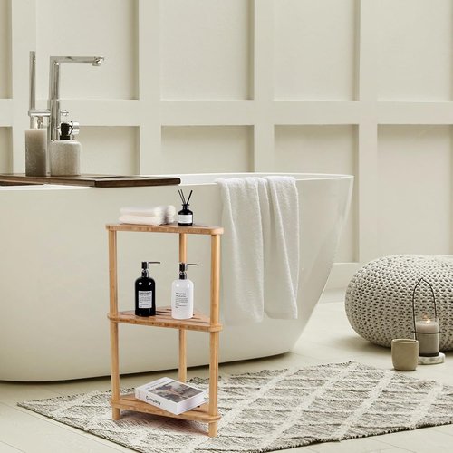 Bamboo Corner Shower Caddy Stand - 3-Tier Waterproof Bathroom Organizer | Space-Saving Design with Anti-Slip Feet