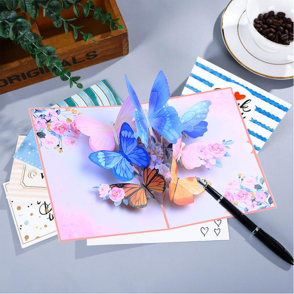 ROBBEAR 3D Butterfly & Flower Pop-Up Greeting Card - Handmade Envelope for Any Occasion