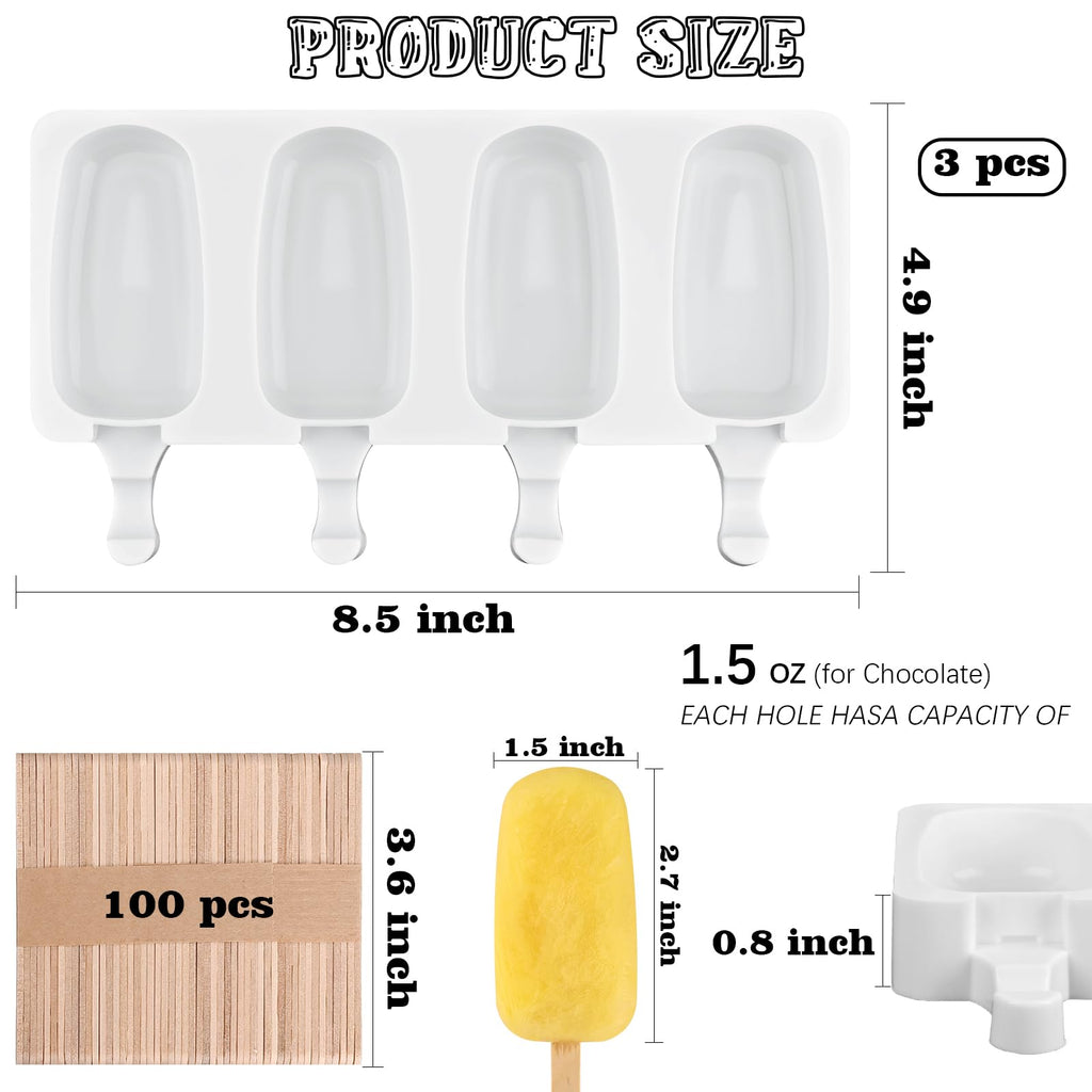 Sakolla Mini Popsicle Silicone Molds, 4 Cavities Homemade Ice Cream Molds with 100 Wooden Sticks for Ice Pop, Cakesicles, Cake Pop (Set of 3, White)