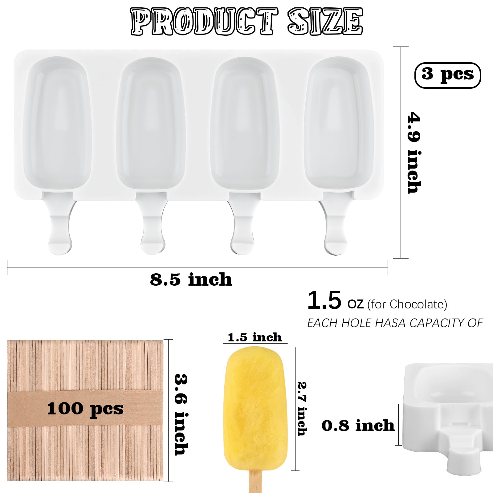 Sakolla Mini Popsicle Silicone Molds, 4 Cavities Homemade Ice Cream Molds with 100 Wooden Sticks for Ice Pop, Cakesicles, Cake Pop (Set of 3, White)