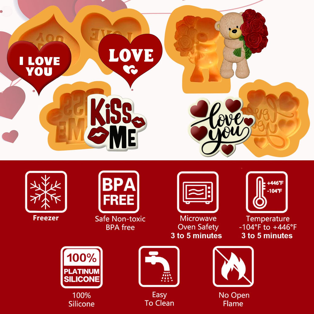 Valentines Day Silicone Molds – 4- Piece Set with Bear, Hearts & Love Phrases | Silicone Valentines Molds for Chocolate, candy, Fondant, Resin, perfect size for chocolate covered strawberries.