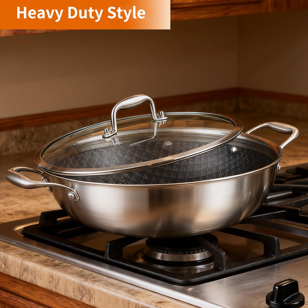 DELARLO Wok Pan With Lid 12 Inch Non stick wok,Oven Safe Up to 600℉,Woks & Stir-Fry Pans Nonstick,Tri-Ply Stainless Steel Wok, 5QT Nonstick Deep Frying Pan, Induction Saute Pan With Lid