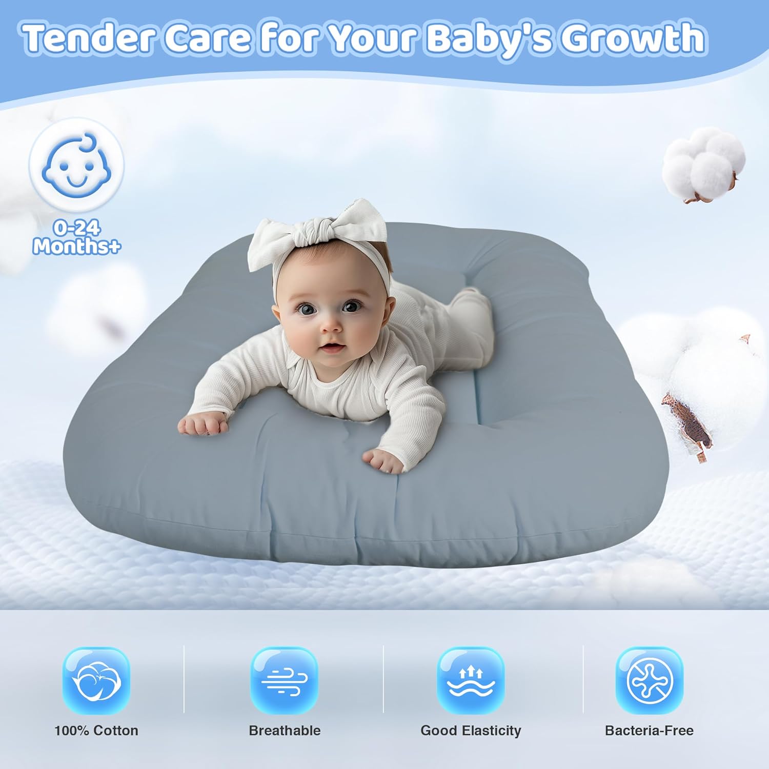 Skiennix Infant Support Cushion - Portable Tummy Time Mat for Newborns 0-24 Months, Soft Cotton, Brown