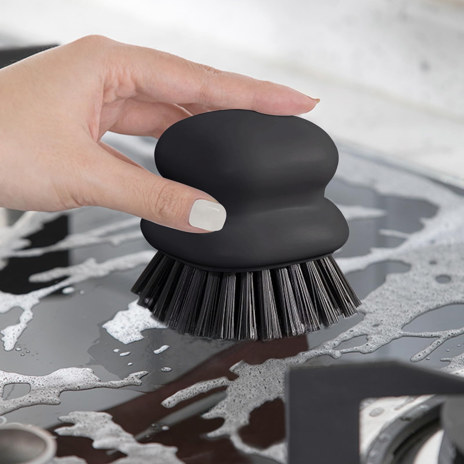 Dish Brush with Handle, Kitchen Scrub Brushes for Cleaning, Dish Scrubber with Nylon bristles for Sink, Pots, Pans(1Pack Black Nylon bristles)