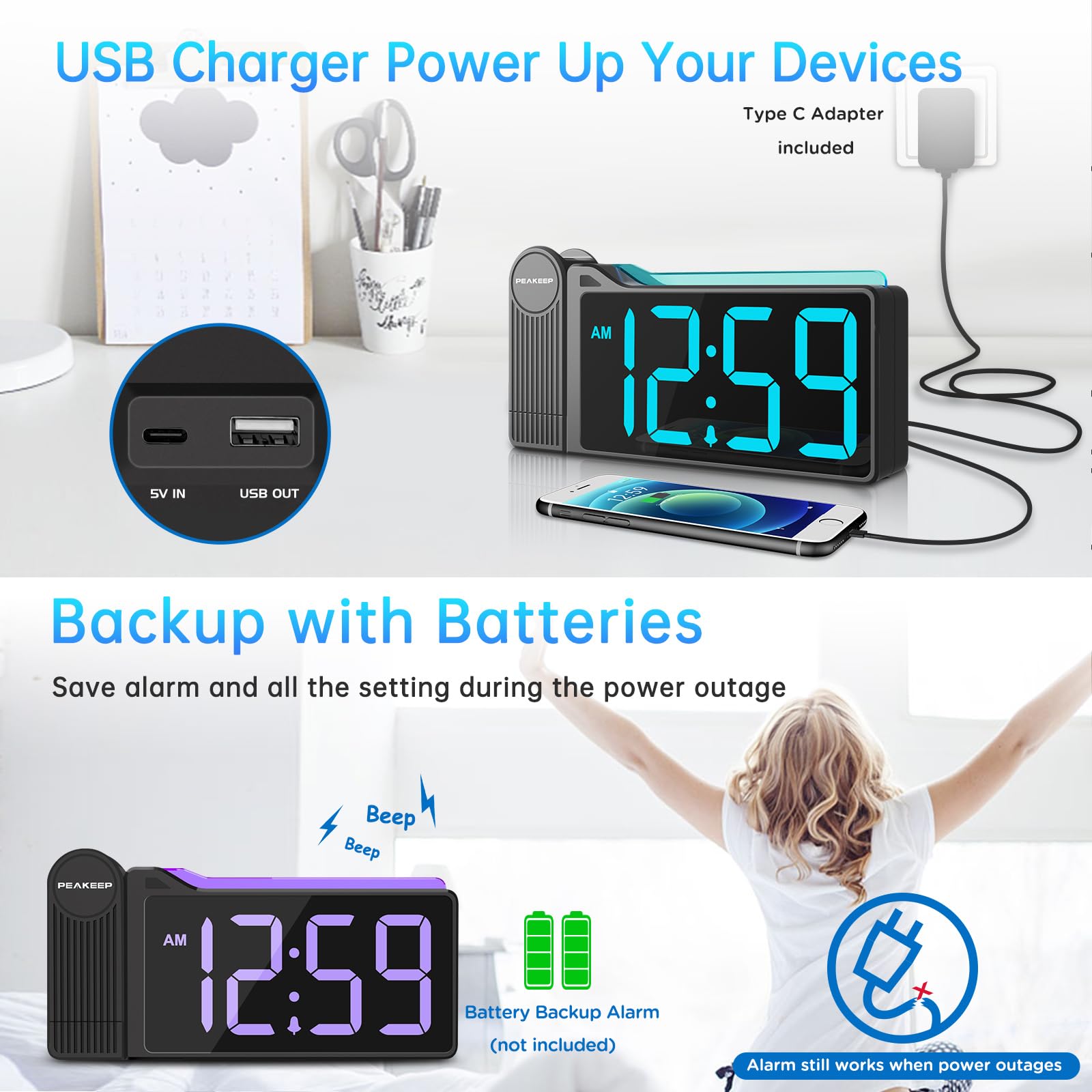 Peakeep Projection Alarm Clock for Bedroom Ceiling, Loud for Heavy Sleepers, RGB Nightlight, Multi-Color Large Display 5 Brightness Dimmer, Plug in Bedside Electric LED Digital Clock with USB Port