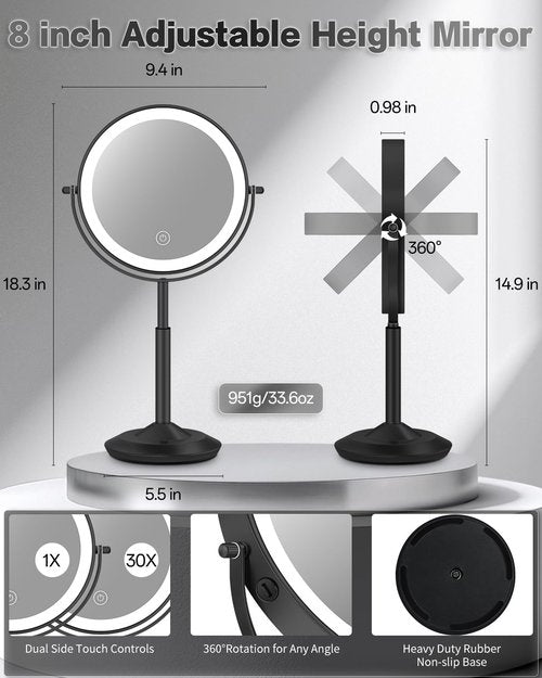VFD 30X/1X Makeup Mirror with Lights, Height Adjustable Lighted Magnifying Vanity Mirror with 3 Lighting