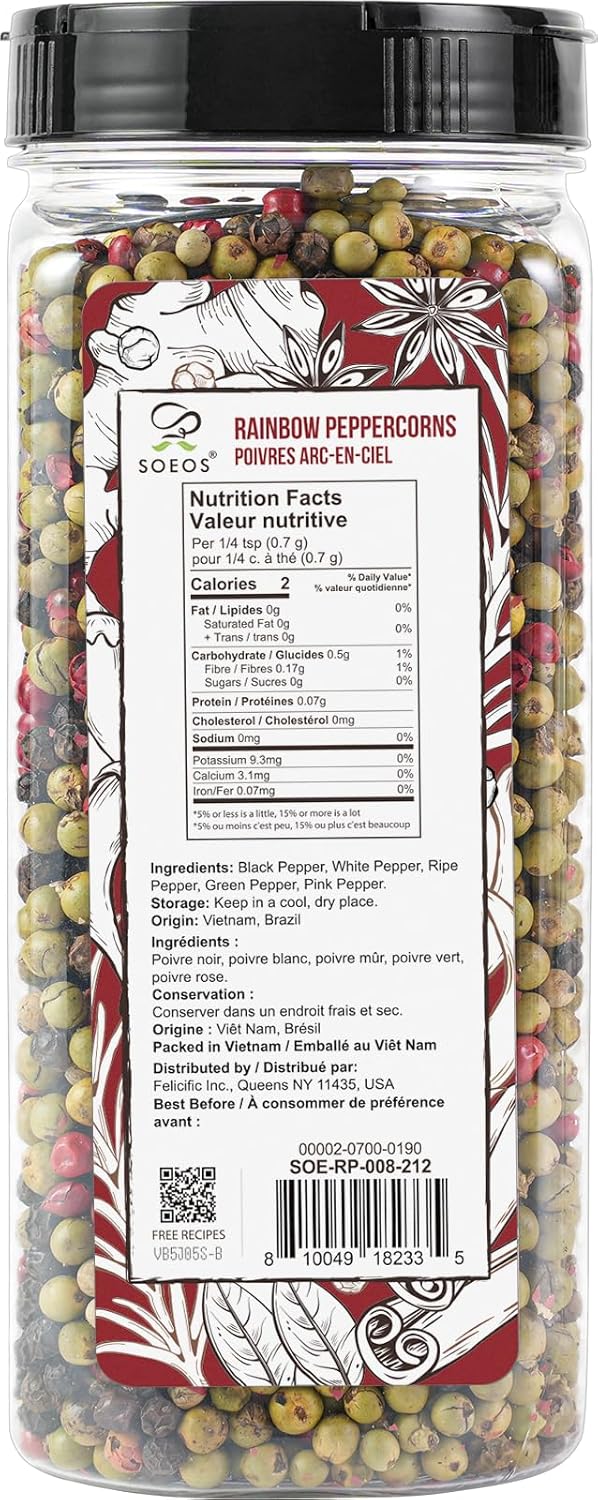 Soeos Rainbow Peppercorns - Non-GMO & Kosher Whole Peppercorns | 8oz Pack for Fresh Grinding